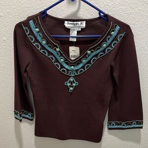 Vintage Joseph Chocolate Top with Turquoise Embroidery